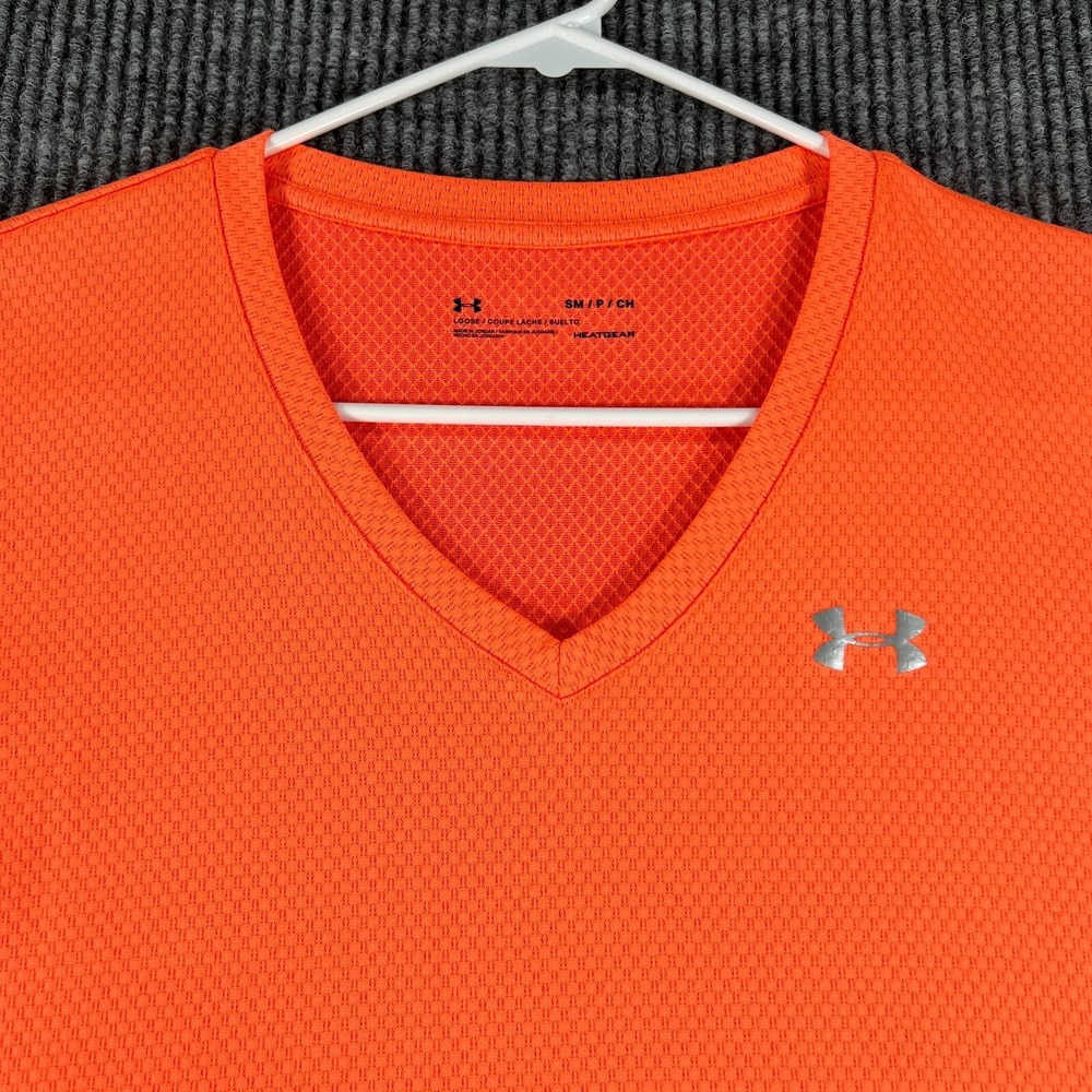 Under Armour Shirt Womens Small Orange Short Sleeve V Neck Loose Fit Heat Gear